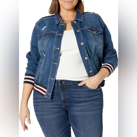 Dollhouse Plus Size Denim Jean Bomber Jacket Distressed Size 3X NWT - Picture 1 of 6